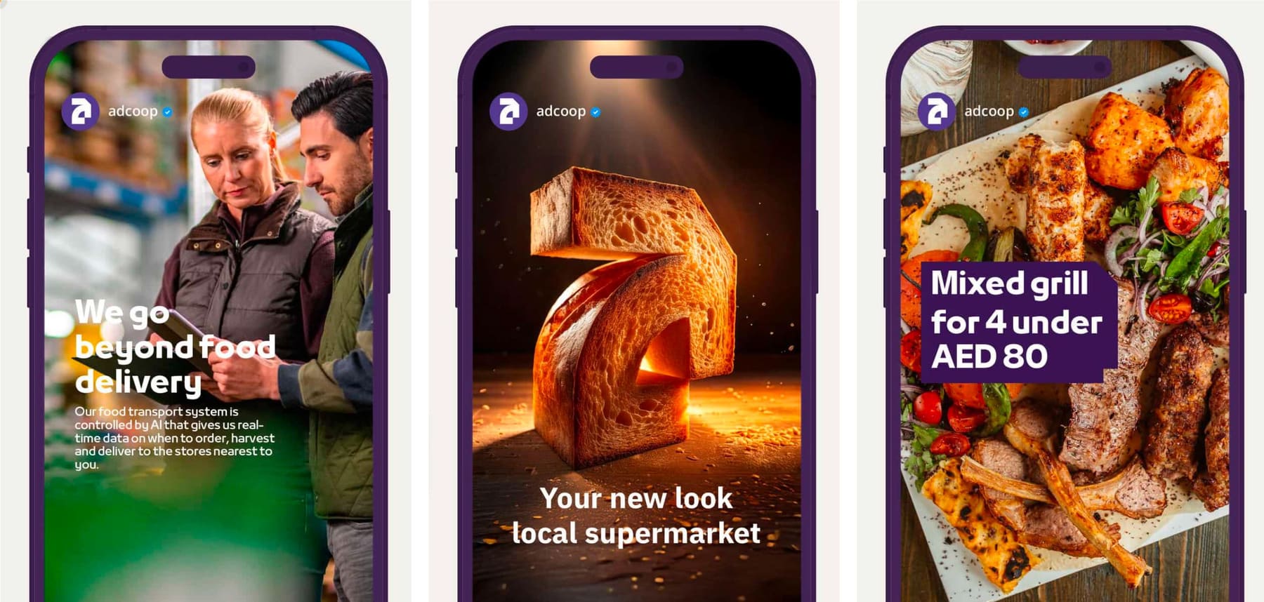 Three phone screens showing ADCOOP's marketing creatives — delivery, the new brand look, and a mixed grill promotion.