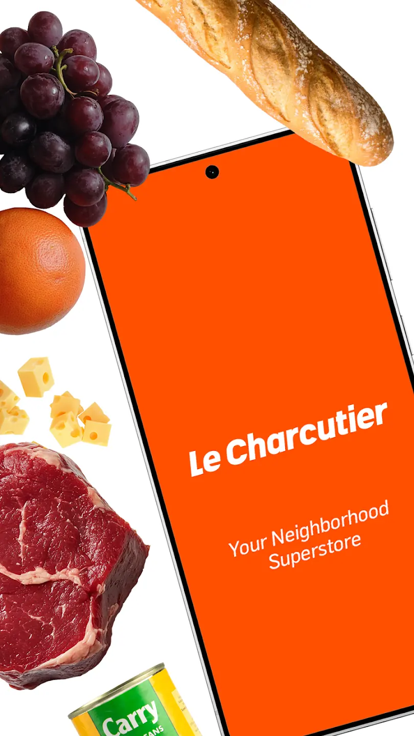 The Le Charcutier app splash screen, surrounded by fresh groceries.
