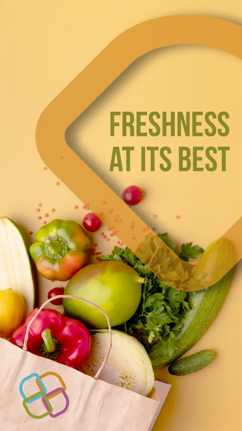 Fresh produce with the Storiom brand mark, framed under the tagline Freshness at its best.